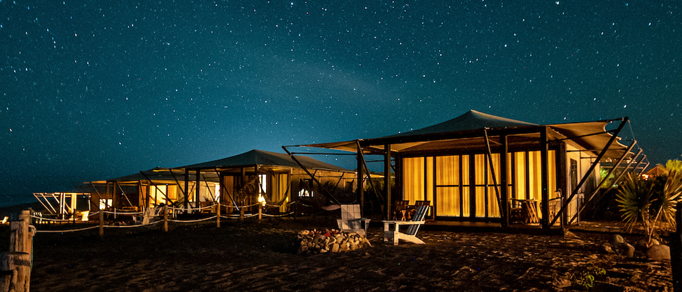 Starlit night over Tented Ocean Suites Tented Ocean Suites on the beach in Todos Santos at the Baja Resort Villa Santa Cruz
