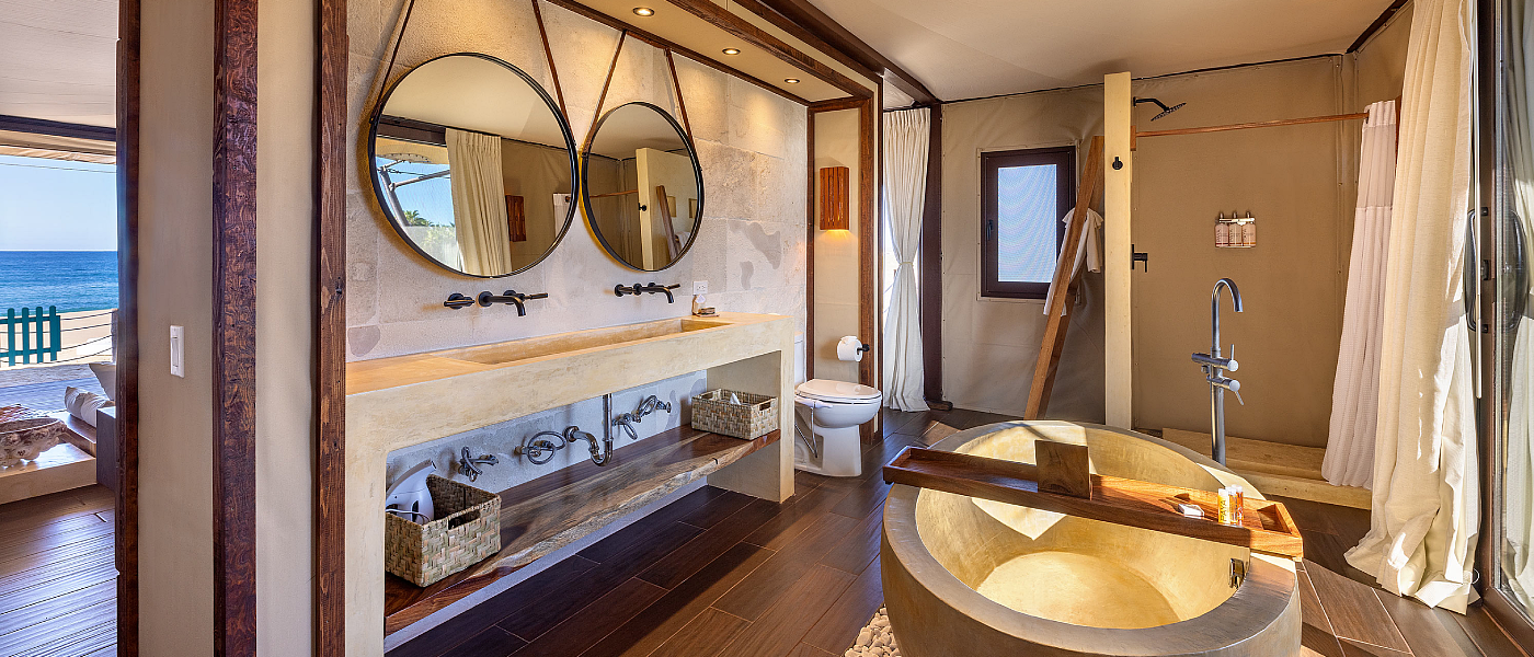 Soaking tub - Tented Ocean Suites Large, luxurious bathroom in the tented ocean front suites in Todos Santos, Baja California